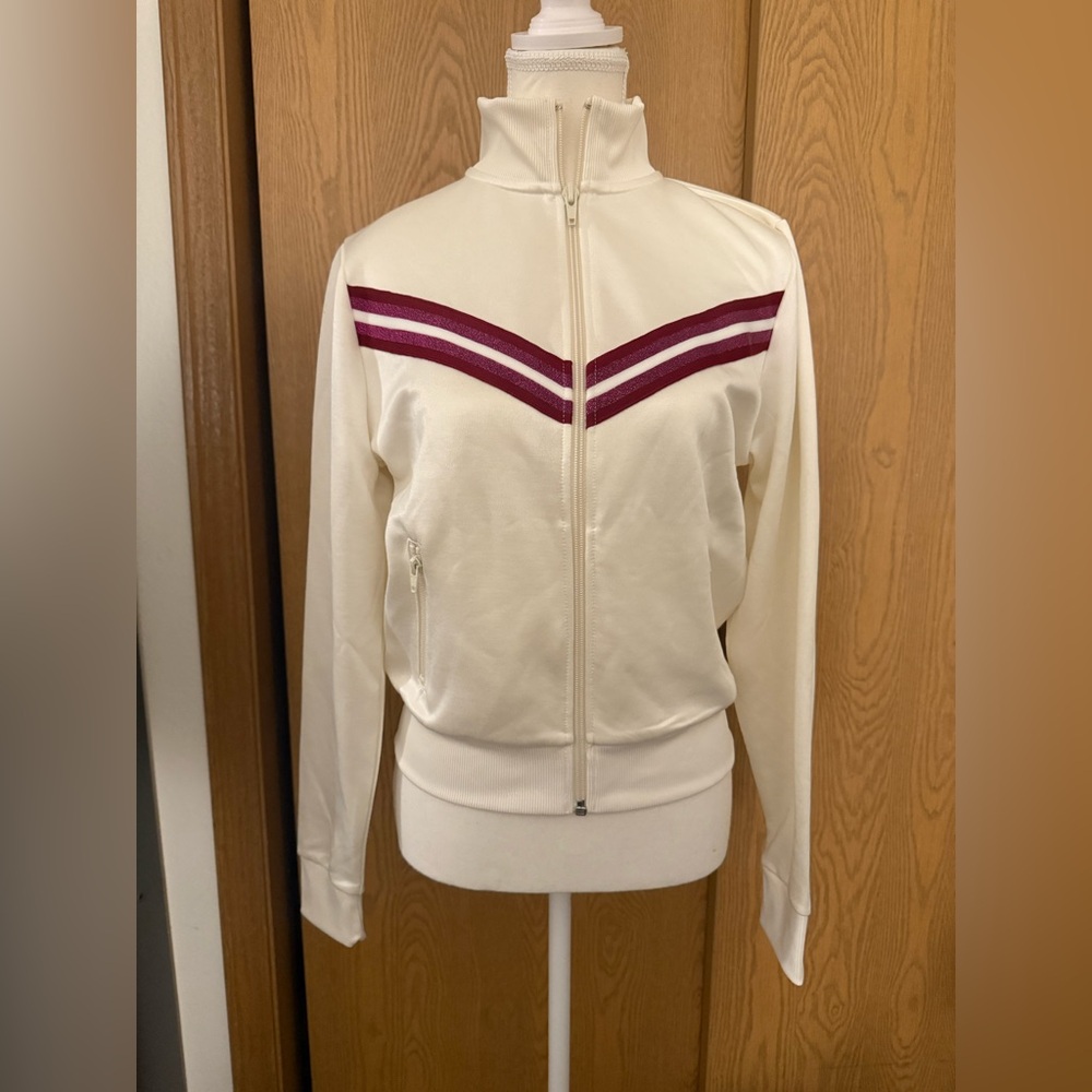 American Apparel Cream Bomber Jacket with Burgundy and Pink Glitter Accents